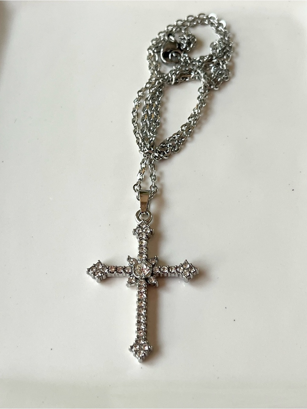 Silver Toned Ornate Cross Pendant With Clear Rhinestones